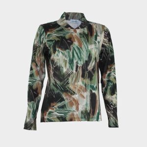 Camiseta de mujer punto cuello pico subido por detrás estampado abstracto en verdes y marrones