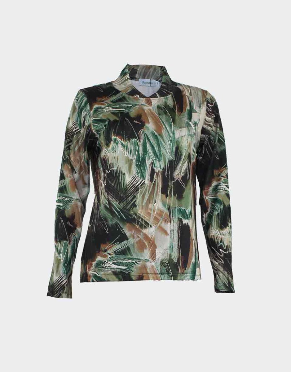 Camiseta de mujer punto cuello pico subido por detrás estampado abstracto en verdes y marrones