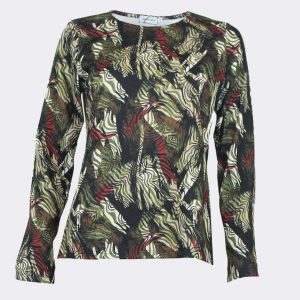 Jersey de mujer de punto cuello redondo delantero estampado abstracto en verdes , beig, negro y rojizo con detalle tacuelas