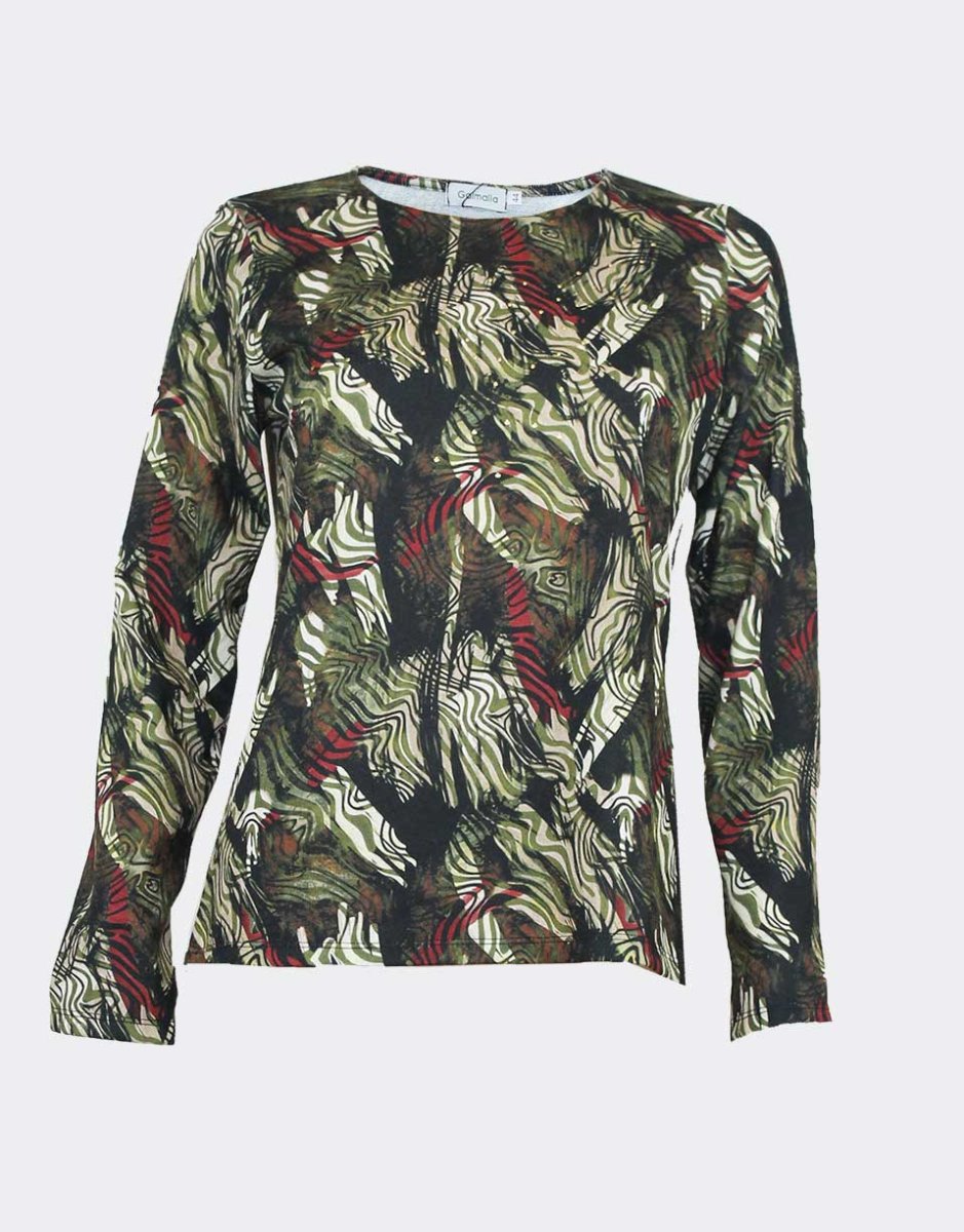 Jersey de mujer de punto cuello redondo delantero estampado abstracto en verdes , beig, negro y rojizo con detalle tacuelas