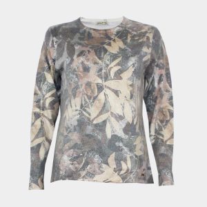 Jersey de mujer punto fino cuello redondo estampado abstracto con hojas acabado apurpurinado