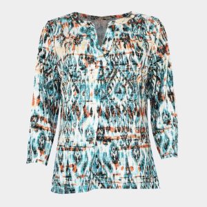 Camiseta punto mujer manga 3/4 escote pico con detalle lentejuela y cuello tira estampado abstracto