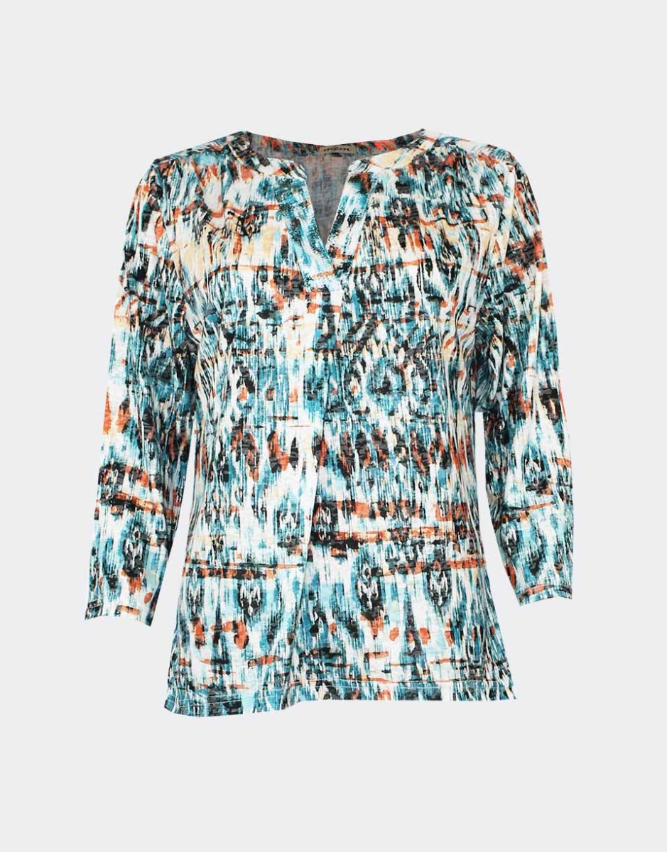 Camiseta punto mujer manga 3/4 escote pico con detalle lentejuela y cuello tira estampado abstracto - Imagen 2