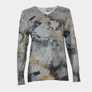Camiseta mujer punto cuello pico y detalle botones en manga estampado abstracto gris y ocres
