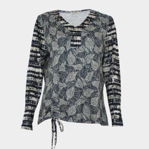 Camiseta mujer de punto INVIERNO estampado hojas en marino y beig