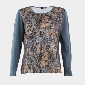 Camiseta mujer de punto cuello redondo con pequeño fruncido, delantero estampado abstracto colores