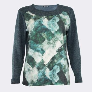 Camiseta de mujer punto escote redondo, delantero estampado abstracto en verdes