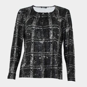 Camiseta de mujer de punto cuello redondo con pliegues, estampado a cuadros  abstracto