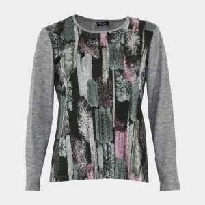 Camiseta de mujer punto  cuello redondo estampado delantero abstracto en verdes y rosado