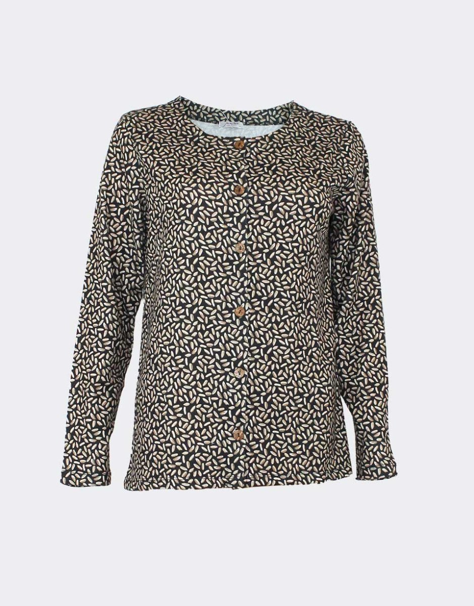 Camiseta mujer punto ABIERTA cuello redondo, estampado ‘granos de arroz’