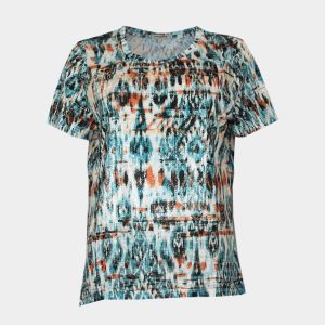 Camiseta mujer punto fino manga corta escote redondo estampado abstracto en azulado y anaranjado detalle en el delantero de lentejuela transparente