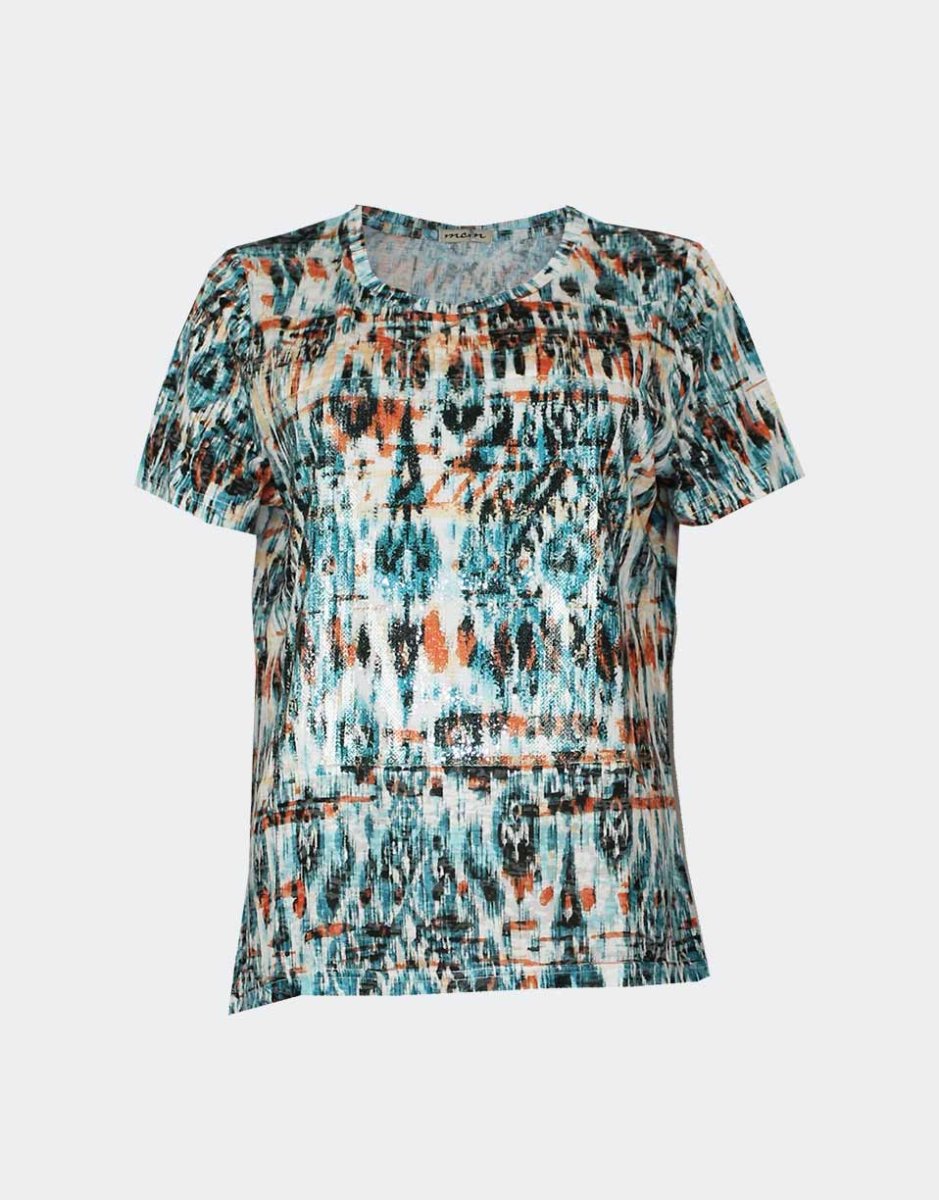 Camiseta mujer punto fino manga corta escote redondo estampado abstracto en azulado y anaranjado detalle en el delantero de lentejuela transparente