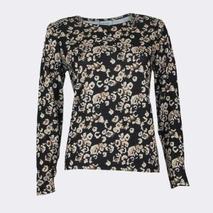 Camiseta mujer punto cuello redondo estampado ‘animal print’ negro, marrón y beig con detalle brillantitos