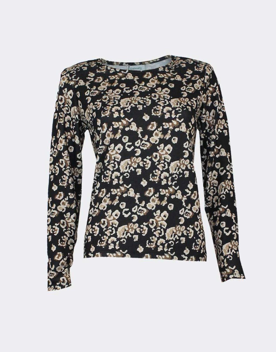 Camiseta mujer punto cuello redondo estampado ‘animal print’ negro, marrón y beig con detalle brillantitos - Imagen 2