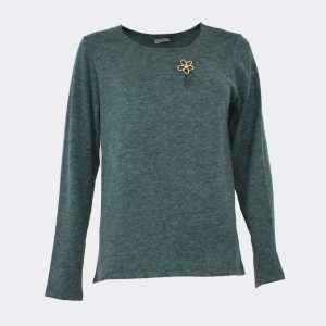Camiseta mujer cuello redondo punto con detalle broche flor