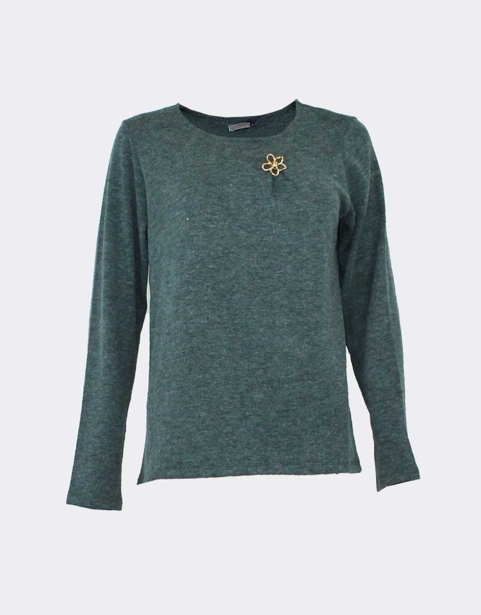 Camiseta mujer cuello redondo punto con detalle broche flor