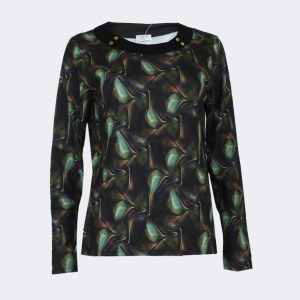 Camiseta mujer punto escote redondo con detalle botones estampado verdoso