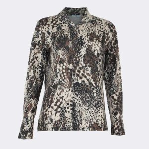 Camiseta mujer punto con cuello subido por detrás, estampado abstracto en marrones, gris y beig