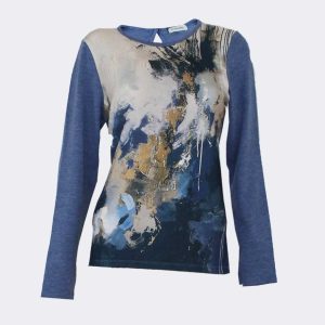 Camiseta mujer punto cuello redondo detalle botón en espalda, estampado abstracto en azules, morrones y beig