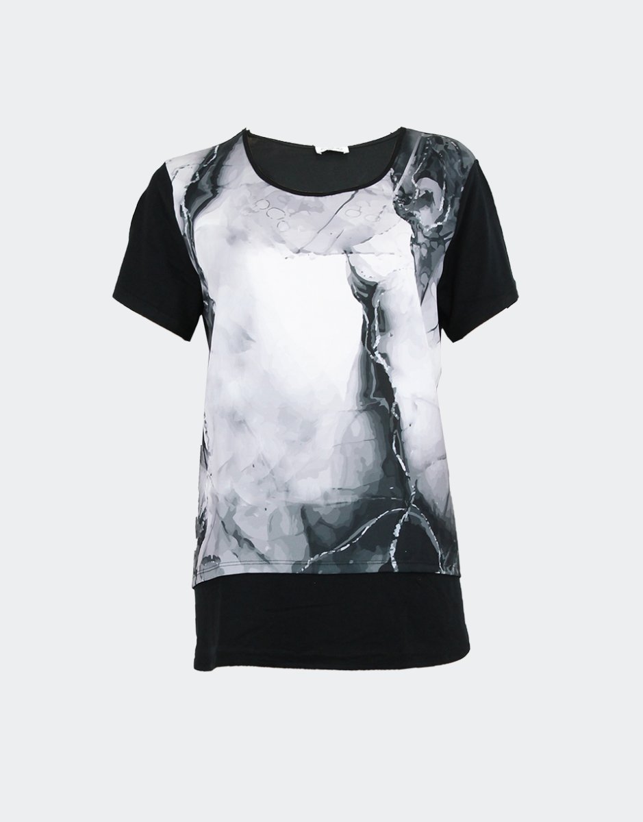 Camiseta mujer tela por delante y punto por detrás, estampado abstracto - Imagen 3