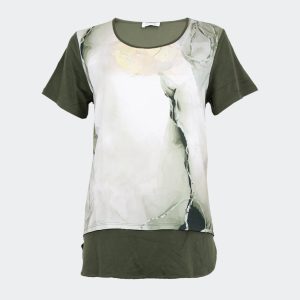 Camiseta mujer tela por delante y punto por detrás, estampado abstracto