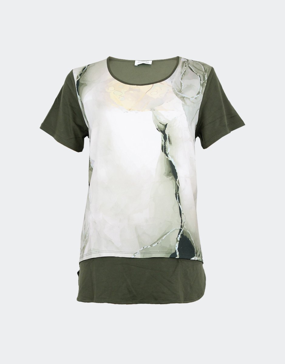 Camiseta mujer tela por delante y punto por detrás, estampado abstracto