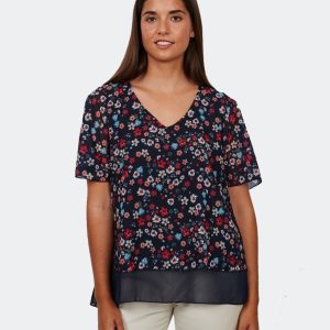 Camiseta tela mujer manga corta estampada flores cuello pico