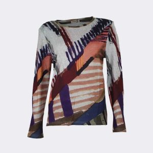 Camiseta mujer punto cuello redondo , estampado abstracto colores a tonos tierra