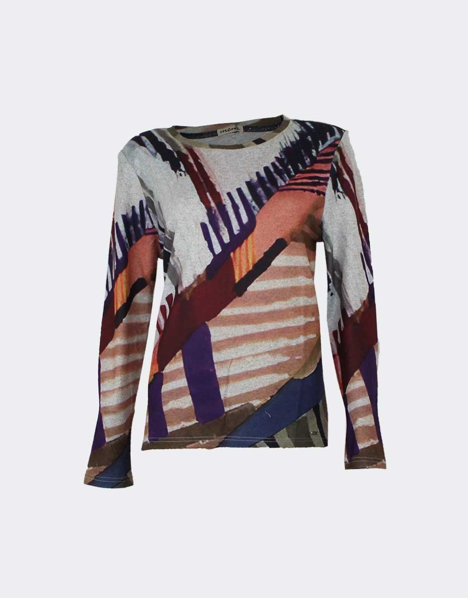 Camiseta mujer punto cuello redondo , estampado abstracto colores a tonos tierra - Imagen 2