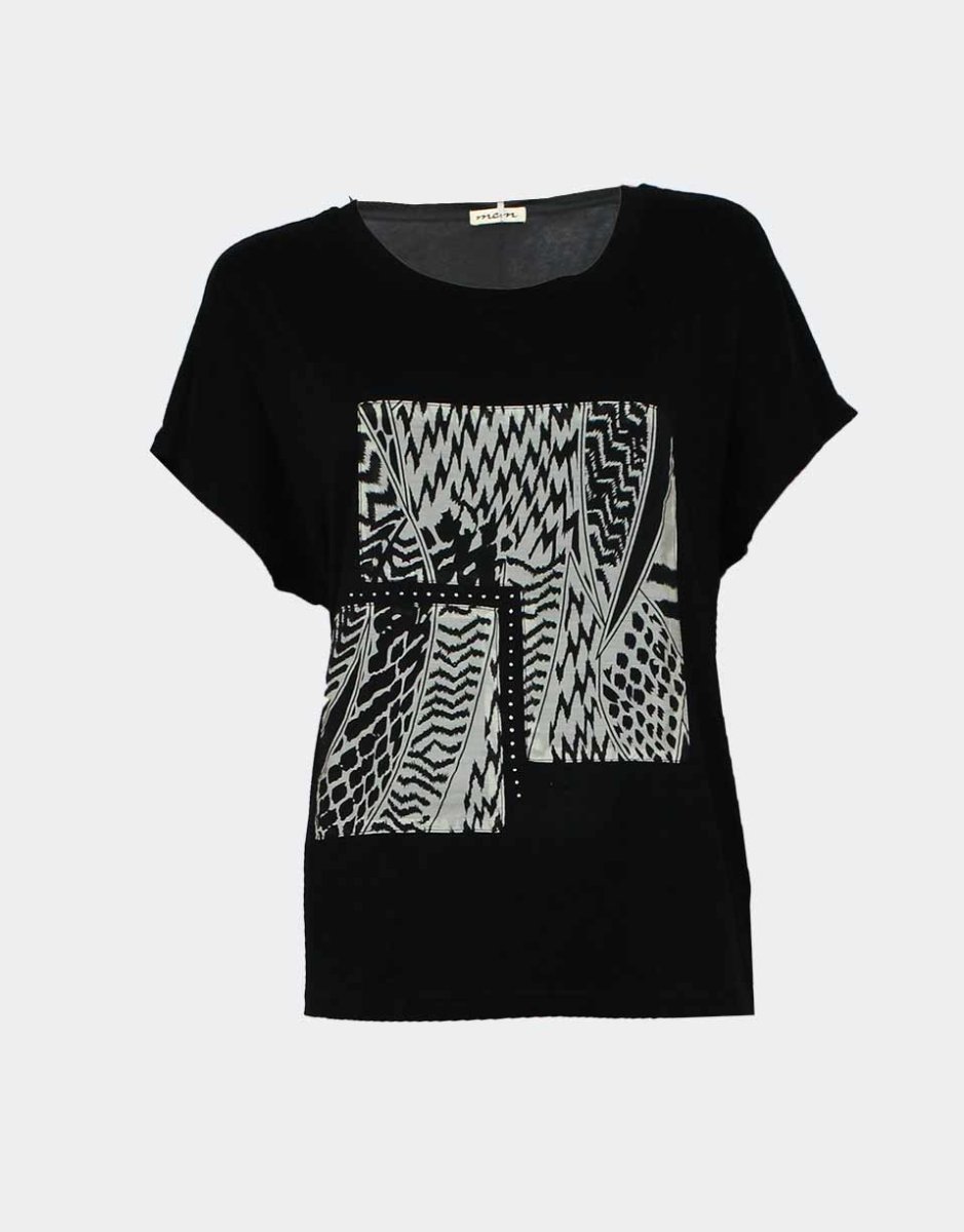 Camiseta punto mujer manga caida corta negra con detalle estampado crudo/negro y brillantitos en el delantero