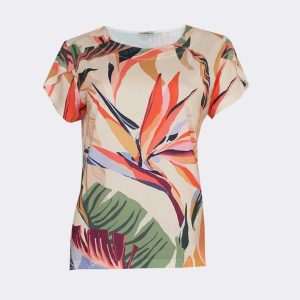 Camiseta mujer punto manga corta escote redondo estampado hojas colores