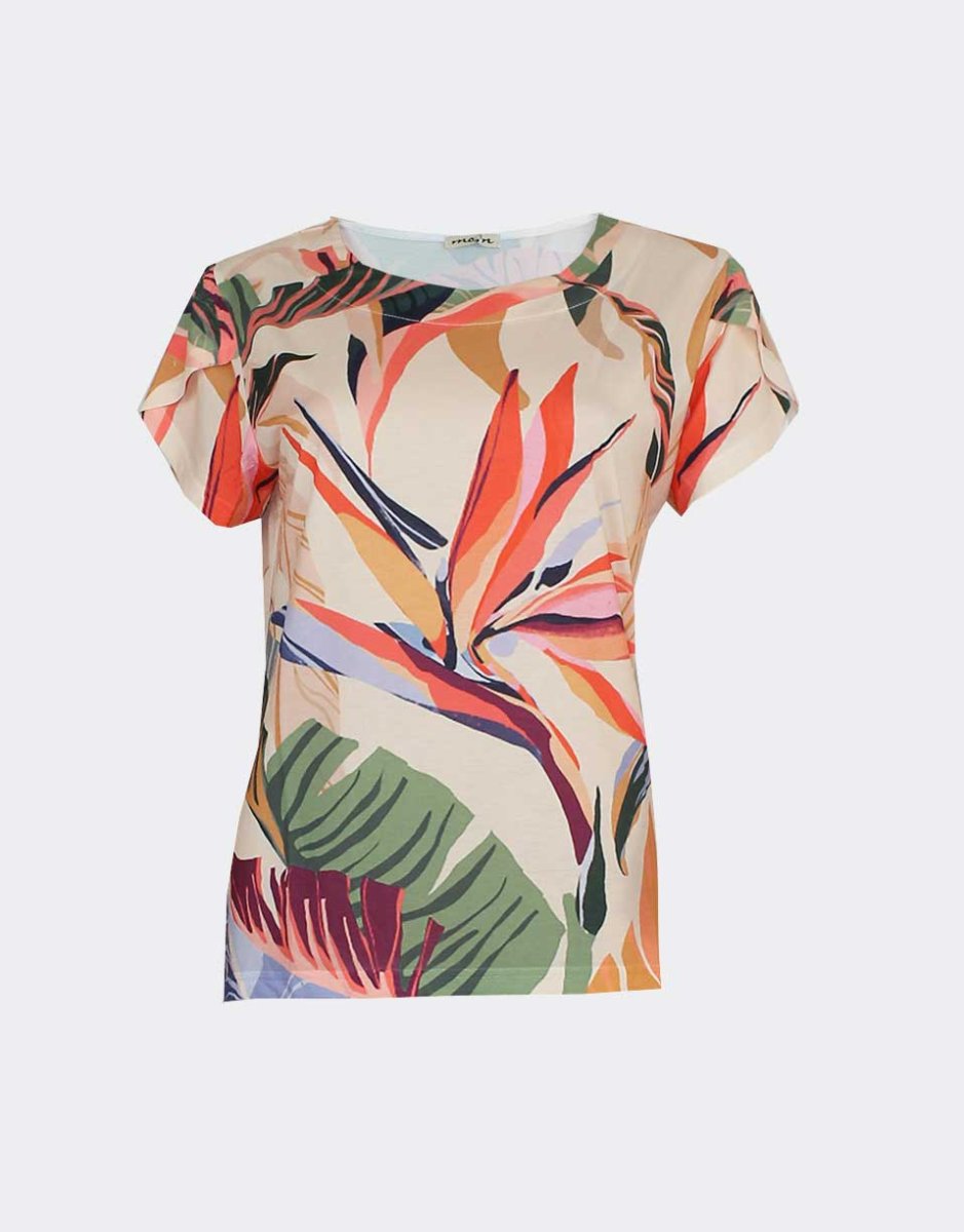 Camiseta mujer punto manga corta escote redondo estampado hojas colores - Imagen 2