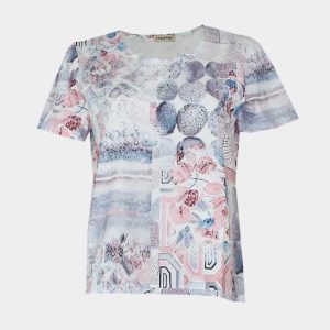 Camiseta mujer punto manga corta escote redondo estampado abstracto en colores azules y rosados en pastel y detalles en brillantitos