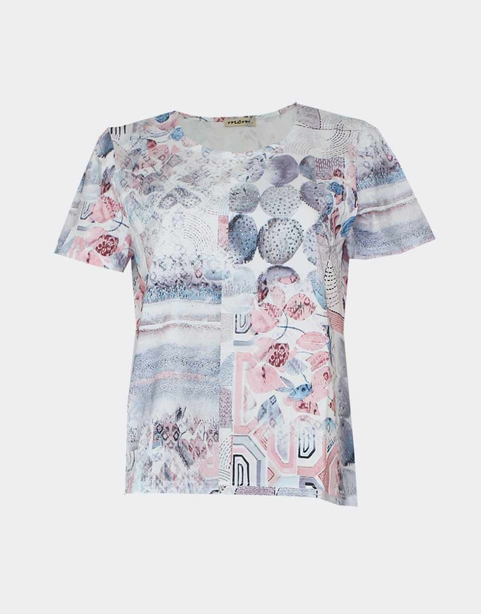 Camiseta mujer punto manga corta escote redondo estampado abstracto en colores azules y rosados en pastel y detalles en brillantitos - Imagen 2