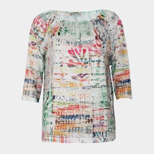 Camiseta mujer manga 3/4 punto fino y forma raglán con escote estampado primaveral