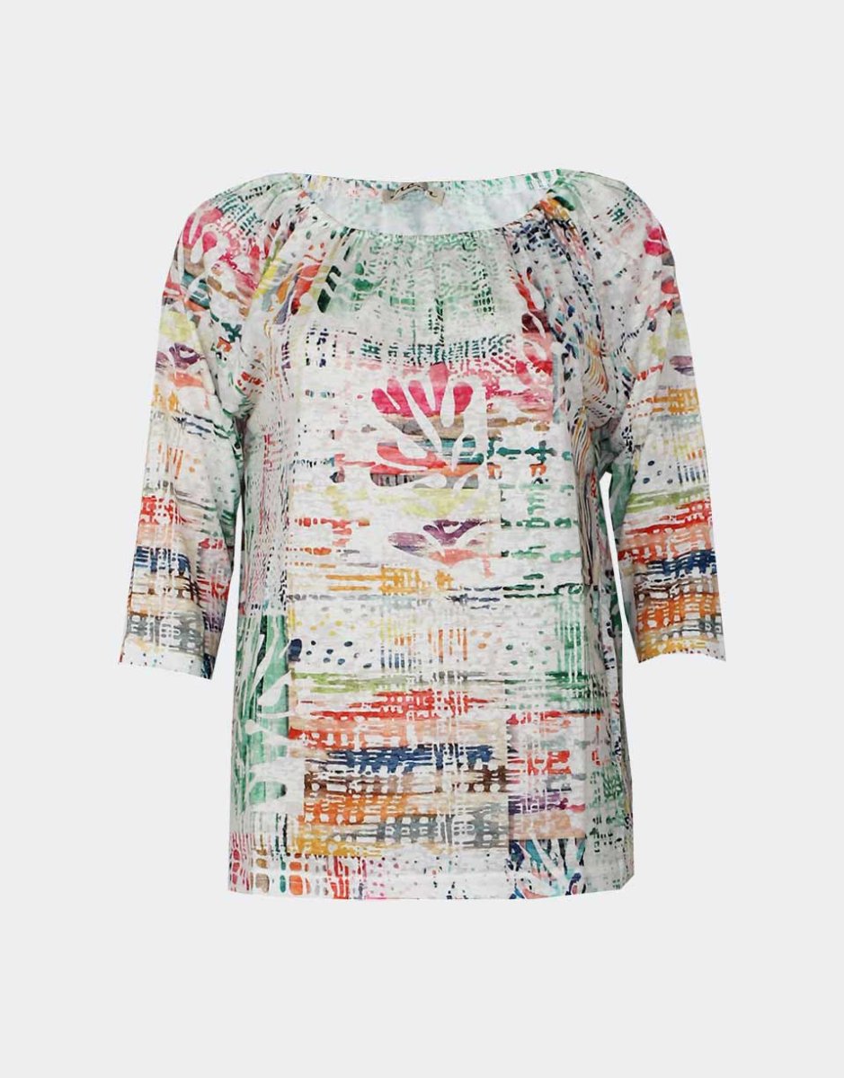 Camiseta mujer manga 3/4 punto fino y forma raglán con escote estampado primaveral