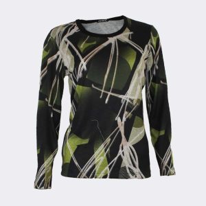 Camiseta mujer punto ‘grueso’ cuello redondo a caja, estampado abstracto verde