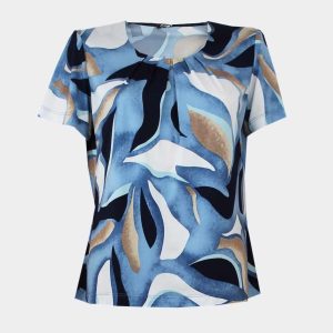 Camiseta punto mujer manga corta escote redondo con detalle pliegues estampado abstracto en azules, beig y blanco