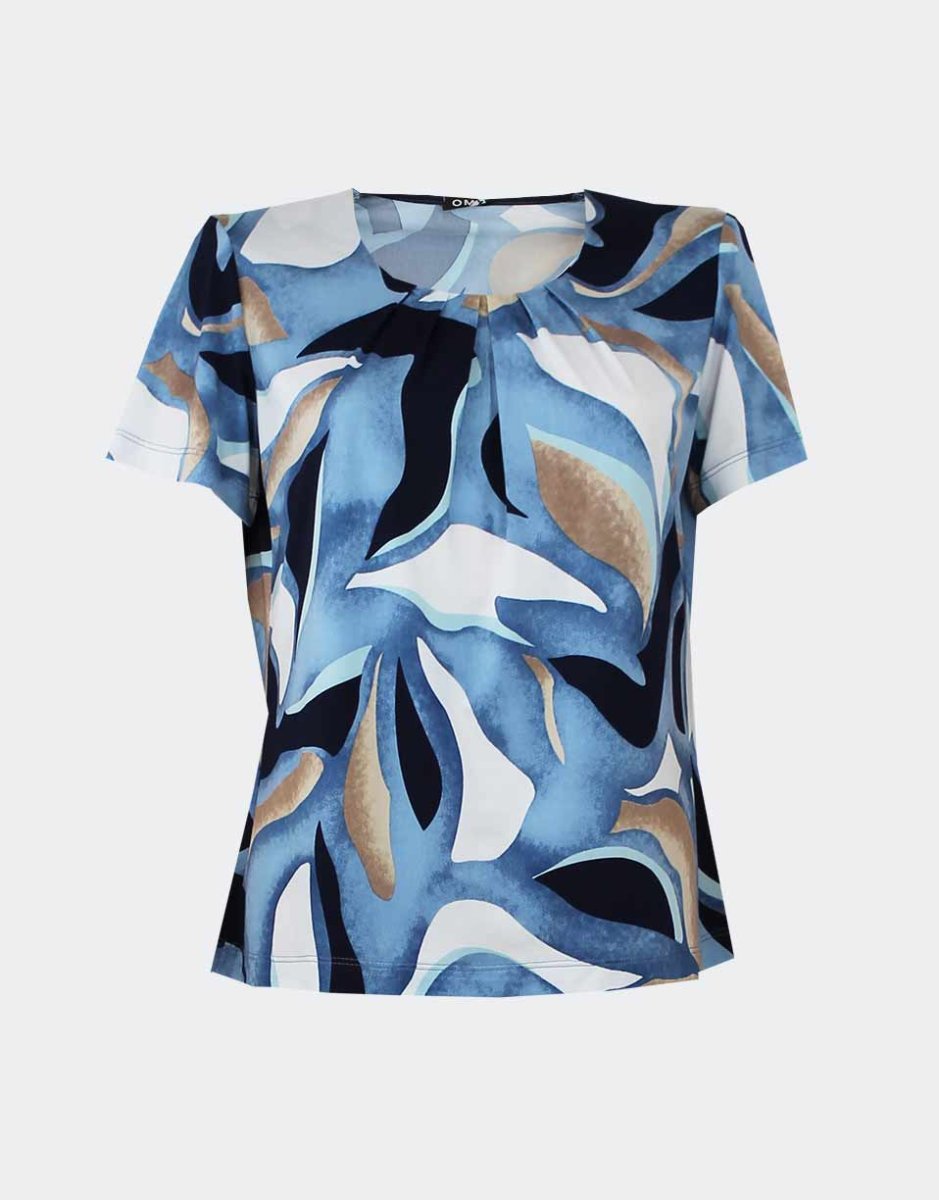 Camiseta punto mujer manga corta escote redondo con detalle pliegues estampado abstracto en azules, beig y blanco