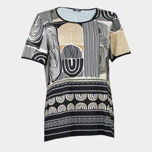 Camiseta punto mujer manga corta estampado en negro y beig