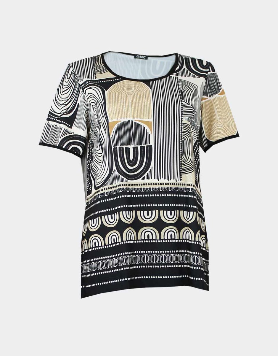 Camiseta punto mujer manga corta estampado en negro y beig