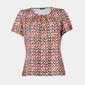 Camiseta mujer punto manga corta escote redondo con detalle pliegues estampado geométrico de colorines