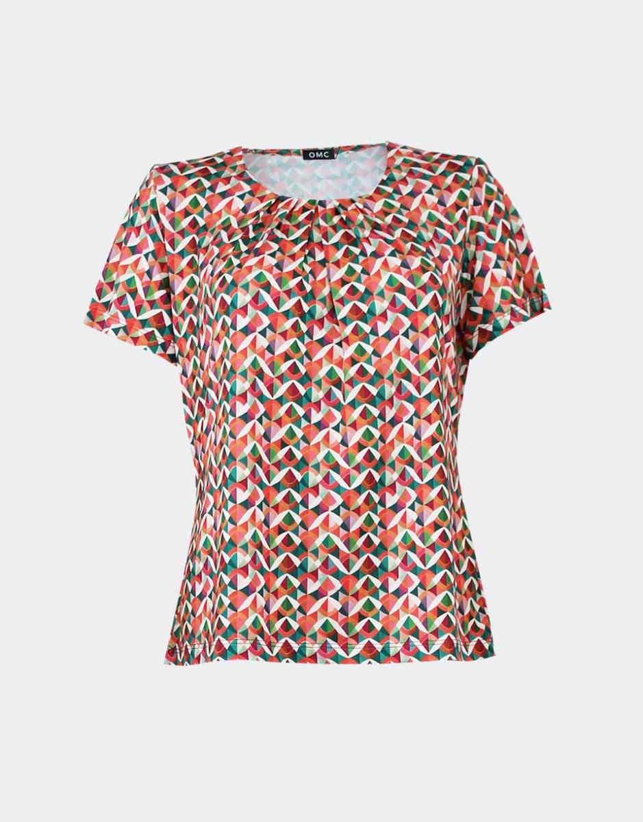 Camiseta mujer punto manga corta escote redondo con detalle pliegues estampado geométrico de colorines