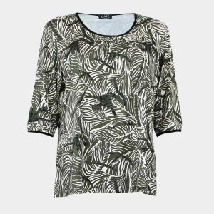 Camiseta mujer punto manga 3/4 escote redondo con detalle fruncido estampado hojas
