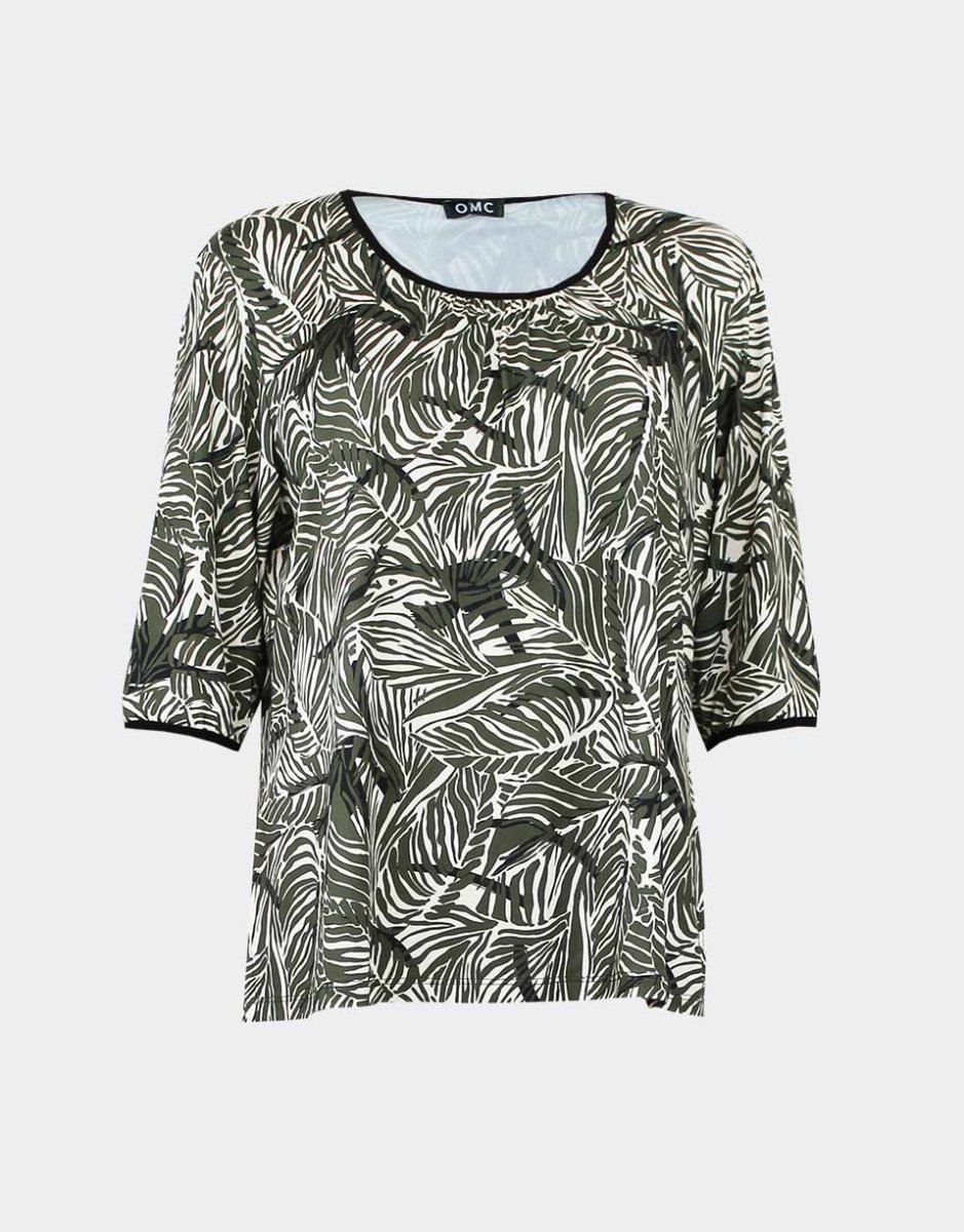 Camiseta mujer punto manga 3/4 escote redondo con detalle fruncido estampado hojas - Imagen 2