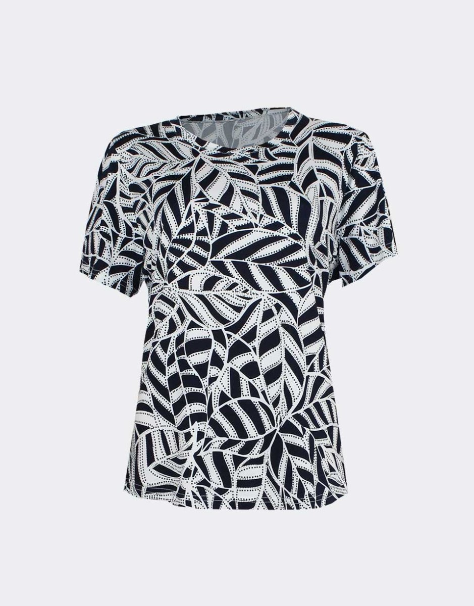 Camiseta mujer punto manga corta cuello redondo estampado marino y blanco - Imagen 2