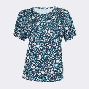 Camiseta mujer punto manga corta cuello redondo estampado marino, blanco y turquesa