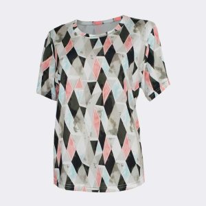 Camiseta mujer punto manga corta cuello redondo estampado rombos en salmón, verdoso y beig