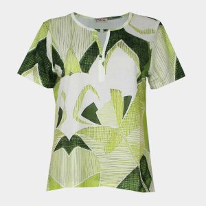 Camiseta punto fino mujer escote redondo con detalle arandela acabado en pico estampado veraniego tonos verdes cítricos