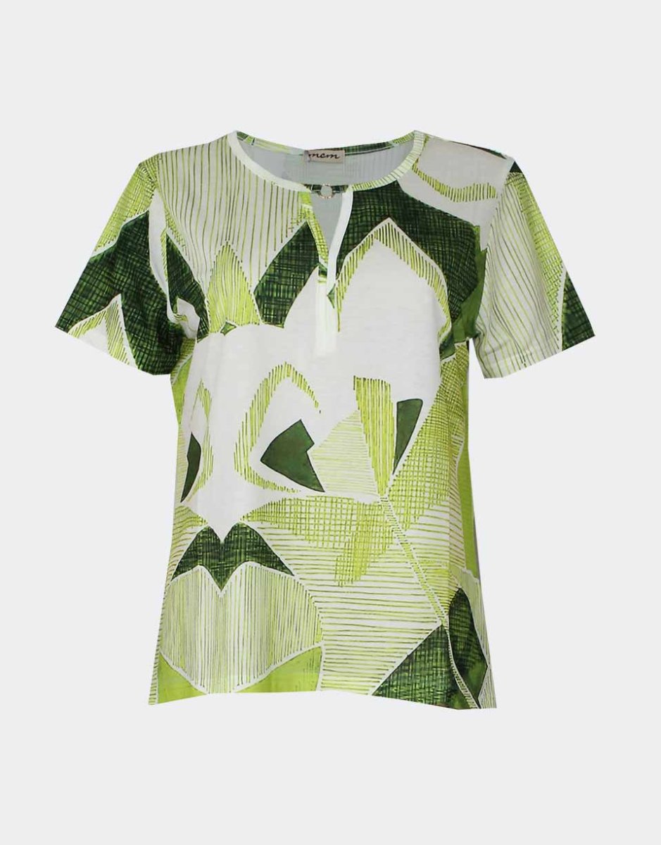 Camiseta punto fino mujer escote redondo con detalle arandela acabado en pico estampado veraniego tonos verdes cítricos - Imagen 2